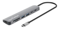 Manhattan USB-C dock/hub met kaartlezer, poorten (5): HDMI, USB-A (2×) en USB-C (2×), met Power Delivery (PD) 100 W - vereist een externe USB-C-lader (niet inbegrepen). USB-gevoed (geen externe voeding vereist) wanneer PD niet wordt gebruikt - Afbeelding 2