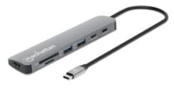Manhattan USB-C dock/hub met kaartlezer, poorten (5): HDMI, USB-A (2×) en USB-C (2×), met Power Delivery (PD) 100 W - vereist een externe USB-C-lader (niet inbegrepen). USB-gevoed (geen externe voeding vereist) wanneer PD niet wordt gebruikt